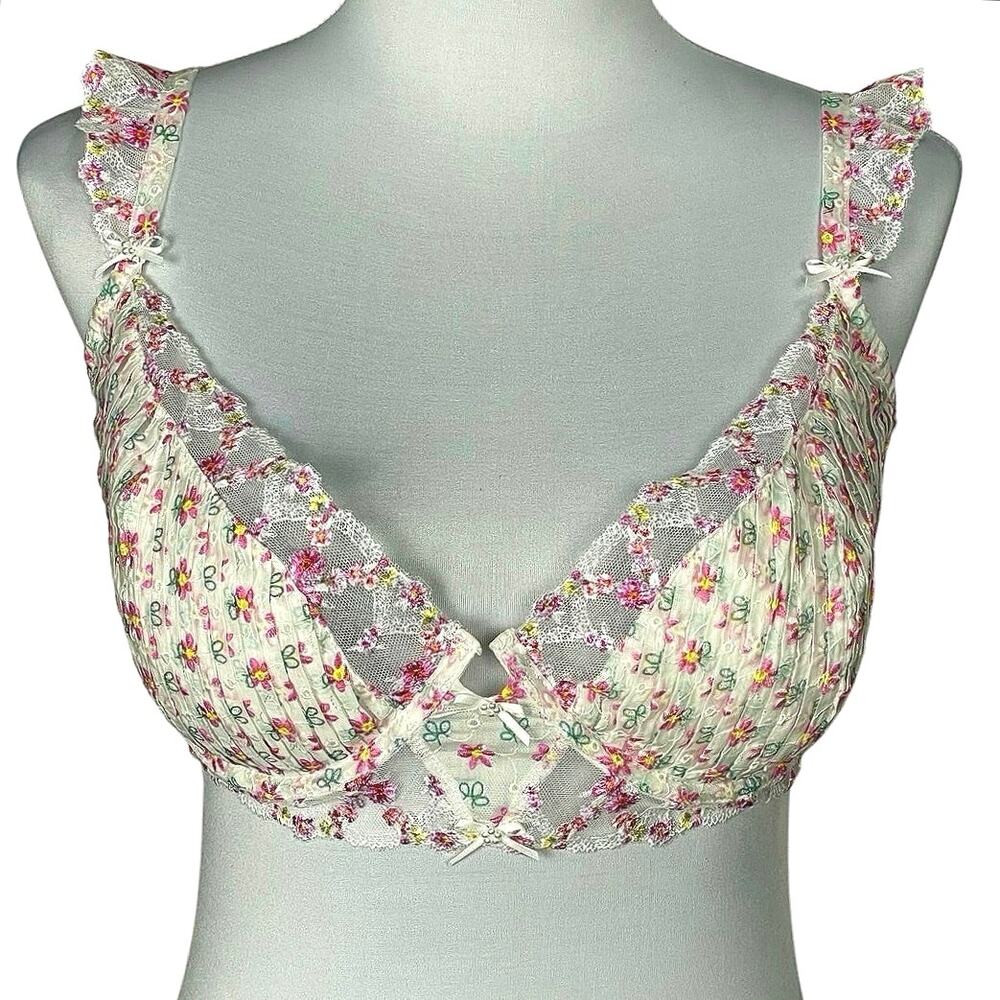 For Love & Lemons Floral Lace Trim Bra in Ivory with Pink & Green Accent